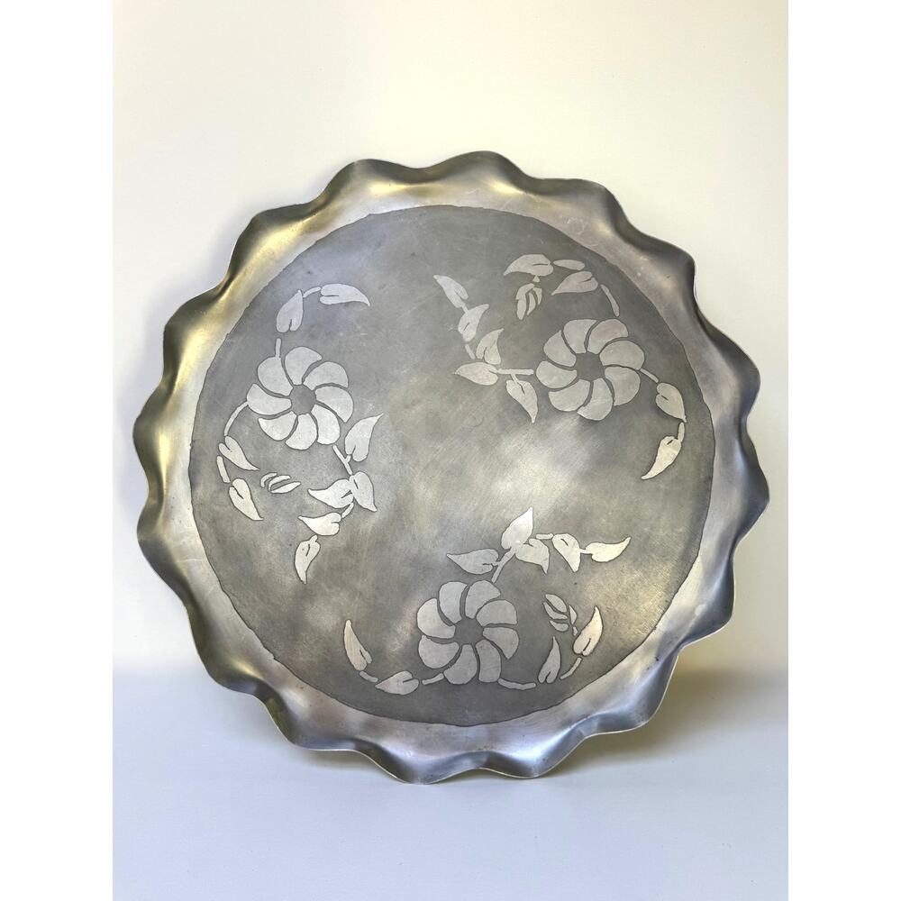 Antique Floral Aluminum Tray with Scalloped Edge